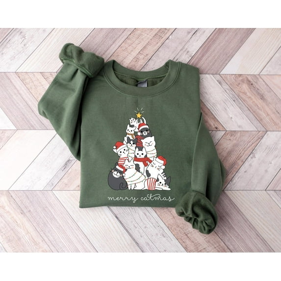 Merry Catmas Sweatshirt, Winter Cat Tree Shirt, Winter Cat Shirt, Cat Winter Sweater, Cats Sweatshirt, Cat Lover Winter Shirt Sweatshirt All Size S-5XL
