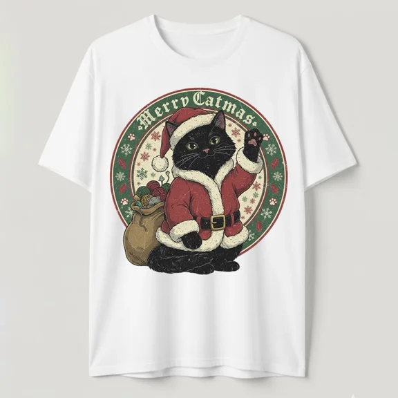 Merry Catmas T-Shirt Cat Santa Cute Christmas Kitty Yarn Lover Gift