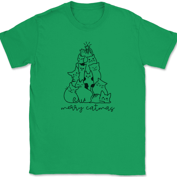 Merry Catmas T-Shirt Funny Cat Christmas Holiday Xmas Kitten Tree Tee - Green, XL