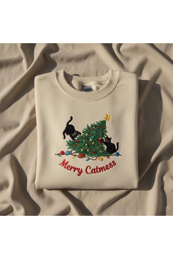 Merry Catmess Embroidered Sweatshirt, Funny Cat Christmas Sweater, Tangle Light Crewneck, Crazy Cat Lady Gift, Xmas Kitten