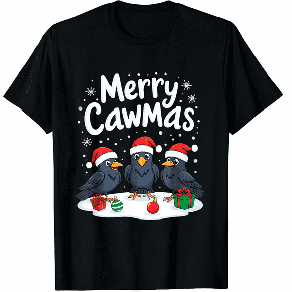 Merry Cawmas Birds Christmas Gift Black Short Sleeve T Shirt for Men and Women