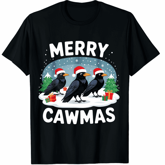 Merry Cawmas Ravens Christmas Gift Snow Black Short Sleeve T-Shirt for Men and Women