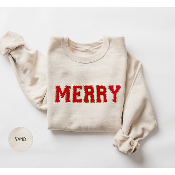 Merry Chenille Patch Sweatshirt, Christmas Gift, Holiday Sweatshirt, Retro Christmas Sweatshirt