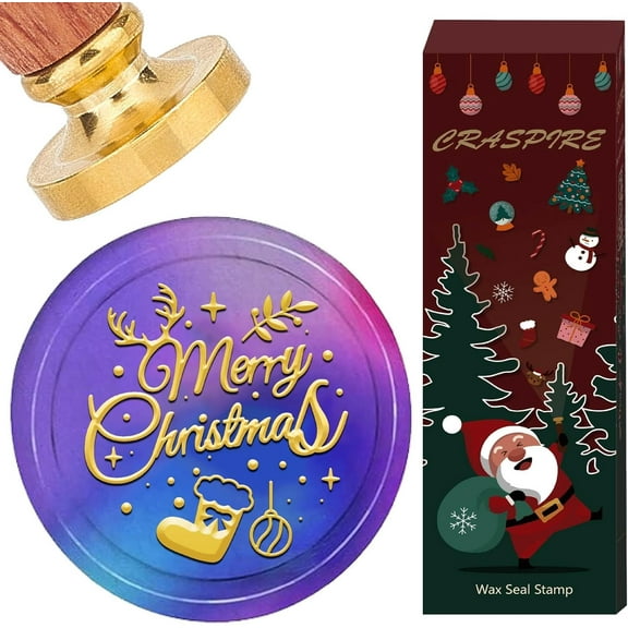 Merry Chirstmas Wax Seal Stamp 30mm Removable Brass Head Xmas Stocking Sealing Wax Stamps with Wooden Handle Vintage Retro Seals Elk Antler Leaf for Holiday Wedding Birthday Card Gift Decor