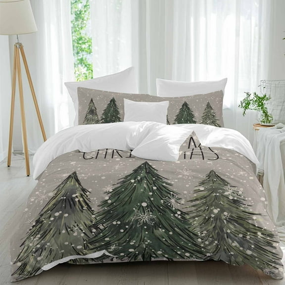 Merry Chrismas Comforter Set California King Size, Gray Snowflake Xmas Tree Soft Bedding Set for Man Woman, 4 Pieces Duvet Cover Set with Fitted Sheet, 2 Pillowcases