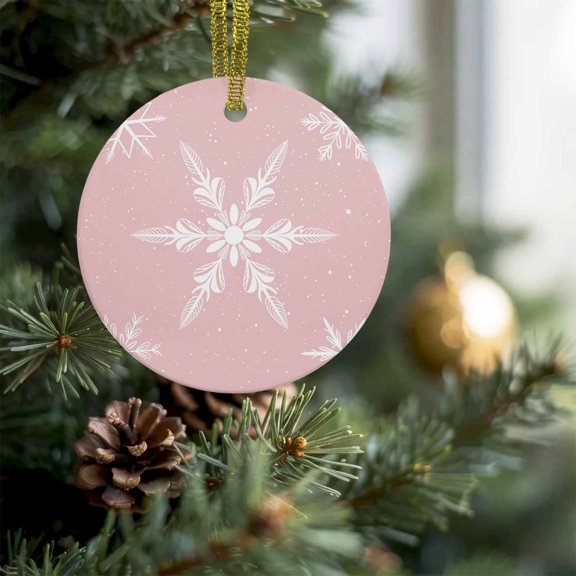 Merry Chrismas Winter Snowflake Christmas Ceramic Ornament 2026,3" Round Xmas Tree Hanging Accessories with Gold Ribbon,White Snowflakes on Pink Pendant Ornaments for Holiday Gift Home Party Decor