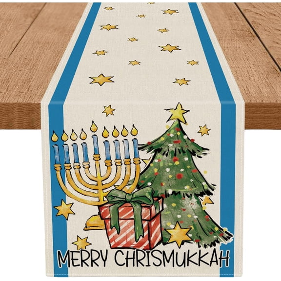 Merry Chrismukkah Table Runner Menorah Star of David Jewish Christmas Tree Chanukah Xmas Festival Home Kitchen Dining Table Decoration 13x90 Inch