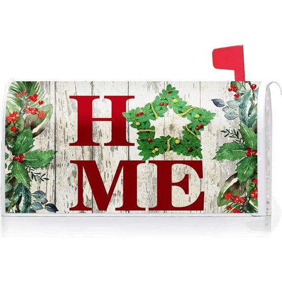 Merry Christamas Home Wood Board Decoration Mailbox Cover with Magnetic Strip Winter Mailbox Wraps Post Letter Box Cover Standard Size 21" X 18" for Garden Outdoor Yard Decor