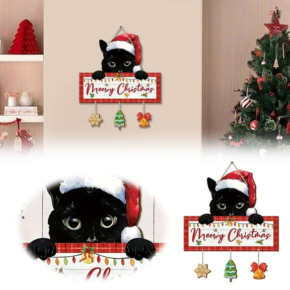 Merry Christams Door Decor, Black Cat Christmas Wood Signs, Cute Santa Claus Hat Kitty Gift Funny Cat Ornament for Xmas Tree Topper Snowflake Jingling Bell Hang for Wall Room Door