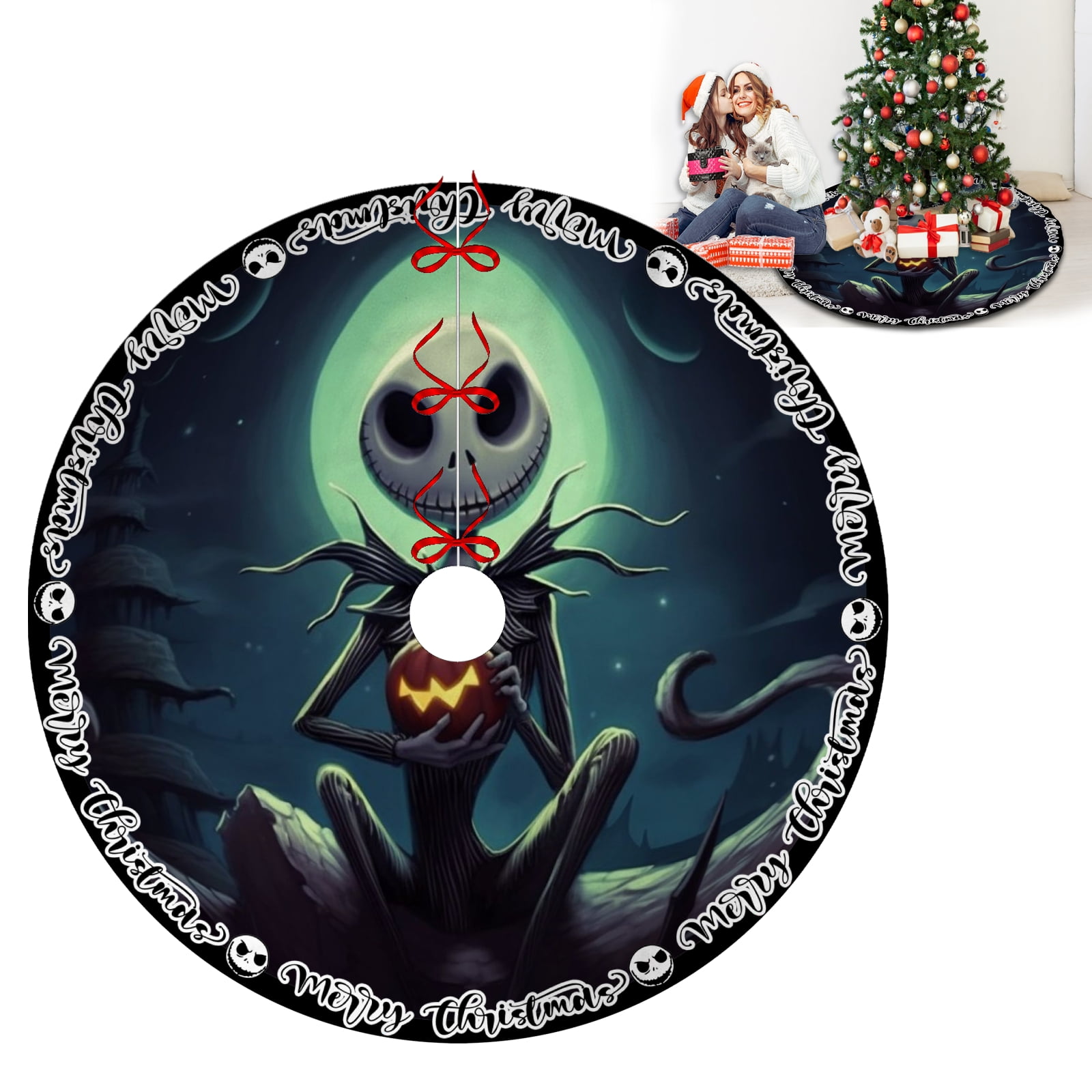 Merry Christasm Santa Jack Skulls Christmas Tree Skirts,Black Xmas Tree