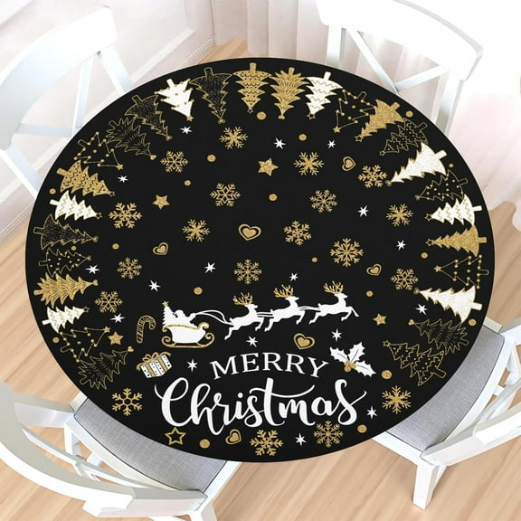Merry Christm Round Fitted Tablecloth with Elastic Edge,Water-Resistant Winter Black Gold Snowflake Christma Tree Table Cover for 48-52" Found Tables Xmas Table Cloth for Dinner,Outdoor,Patio