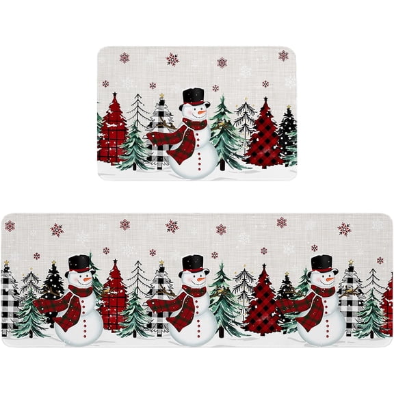 Merry Christma Kitchen Mat Rug Set of 2 Snowman Buffalo Xmas Tree Beige Runner Rug Anti-Fatigue Comfort Memory Foam Standing Mat Non-Slip Floor Door Mat for Bathroom Bedroom 18x30in+18x60in