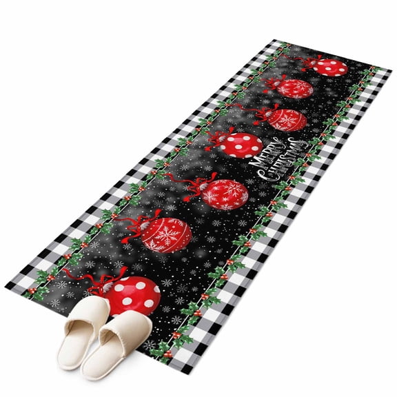 Merry Christmas 2'x6' Runner Rug, Red Xmas Balls Snowflake Black Plaid Washable Non-Slip Area Rugs for Hallway Kitchen Floor Bedroom Entryway, Laundry Carpet Decoration Indoor Mat