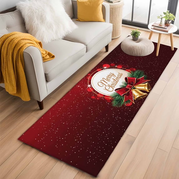 Merry Christmas 2'x6' Runner Rugs for Hallway Kitchen Bedside Non Slip Washable, Winter Xmas Pine Needle Sparkle Bells Entryway Rug Runners with Rubber Backing, Long Carpet Runner for Laundry Room
