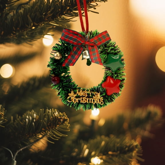 Merry Christmas 3D Mini Christmas Wreath Decoration with Bow and Bells 4 Inch Xmas Fall Decorations,for Kids Indoor Xmas Gifts Christmas Decorations(Green)