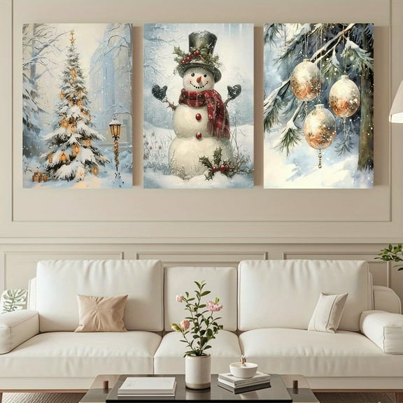 Merry Christmas, 3pcs, Canvas painting--unframeless, Vintage Winter Snow Art Poster Christmas Tree Deer Snowman, Living Room Bedroom Canvas Painting Light Luxury Living Room Background Wall Painting