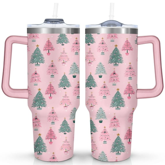 Merry Christmas 40 OZ Coffee Tumble with Handle Rust Resistant Insulated Coffee Mug Pink, Green Christmas Tree Thermal Insulated Coffee Mug for Home Office Supplies Tumbler for Daughter Son