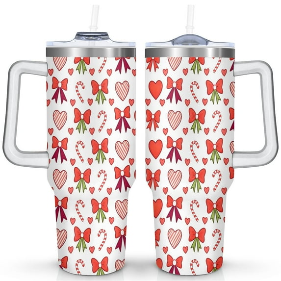 Merry Christmas 40 OZ Travel Mug with Handle Rust Resistant Tumbler Cup Bows, Cane Candy, Striped Hearts, Red, White Thermal Insulated Coffee Mug for Home Office Supplies Tumbler for Daughter Son