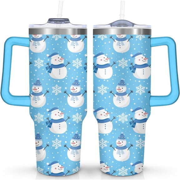 Merry Christmas 40 oz Tumbler with Lid Handle and Straw Christmas Snowman Stainless Steel Double Walled Insulated Cup Winter Holiday Xmas Travel Mug Gifts for Men and Women (1PC)