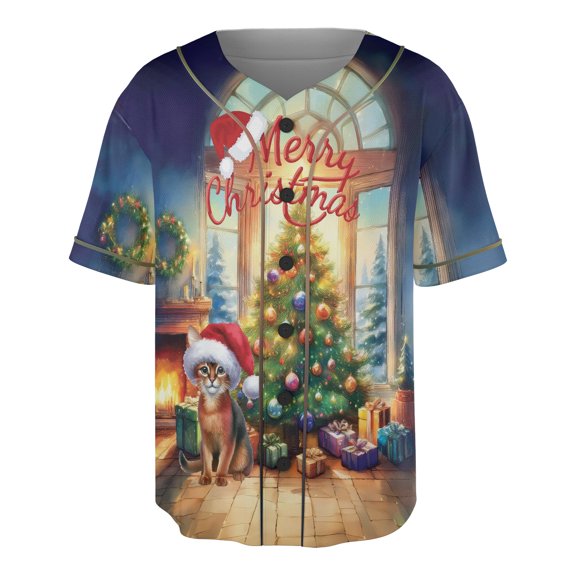 Merry Christmas Abyssinian Santa Hat Xmas Tree Winter Holiday All Over Print 3D Baseball Shirt Cat Lover Kitten Owner Gifts Softball Sport - 01013