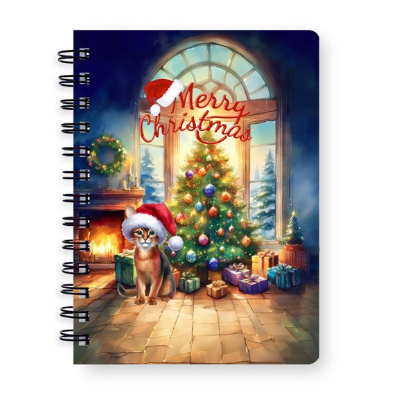 Merry Christmas Abyssinian Santa Hat Xmas Tree Winter Holiday Spiral Bound Journal Cat Lover Kitten Owner Gifts 5x7in Spiral Notebook - 01013