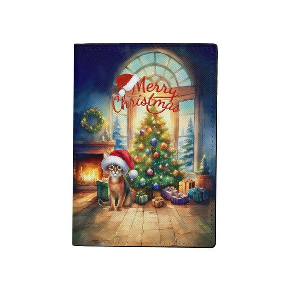 Merry Christmas Abyssinian Santa Hat Xmas Tree Winter Holiday Travel Passport Wallet Cat Lover Kitten Owner Gifts PU Leather Passport Holder Cover - 01013