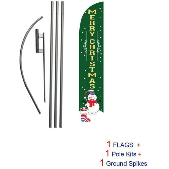 Merry Christmas Advertising Feather Banner Swooper Flag Sign with Flag Pole Kit and Ground Stake, Green