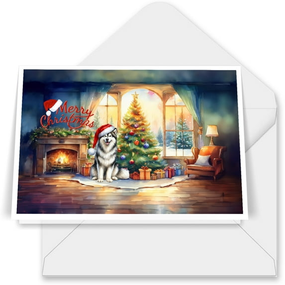 Merry Christmas Alaskan Malamute Santa Hat Xmas Tree Winter Holiday 7x5in Folded Greeting Card Alaska Mal Dog Lovers Gifts Single Note Card with Envelope - 01013