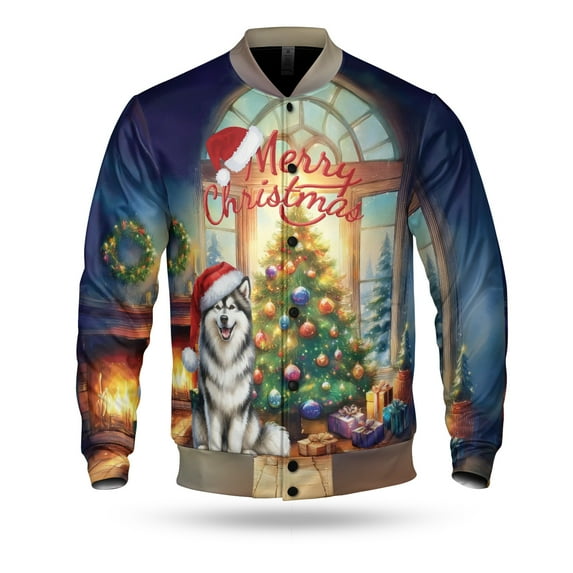 Merry Christmas Alaskan Malamute Santa Hat Xmas Tree Winter Holiday All Over Print 3D Baseball Jacket Alaska Mal Dog Lovers Gifts Bomber Jacket Softball - 01013