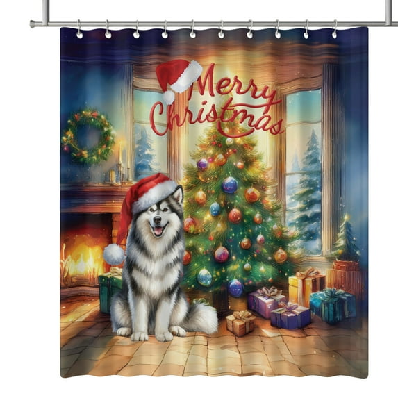 Merry Christmas Alaskan Malamute Santa Hat Xmas Tree Winter Holiday Shower Curtain Alaska Mal Dog Lovers Gifts Waterproof Bathroom Bathtub Curtain - 01013