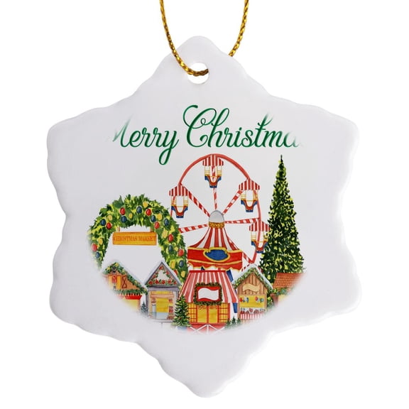 3drose, Merry Christmas and a Christmas Festival Scene, 3 inch Snowflake Porcelain Ornament