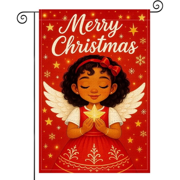 Merry Christmas Angel Garden Flag Double Sided 12x18 Inch Burlap Winter Garden Flag Angel Holding Star Seasonal Banner for Indoor and Outdoor Decoration Yard Lawn Decor