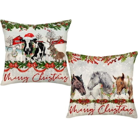 Merry Christmas Animal Pillow Covers 18 x 18 Inch Set of 2 Farmhouse Antelope Cow Reindeer Horse with Mistletoe Decorative Throw Pillow Cases Cushion Cover for Sofa Couch