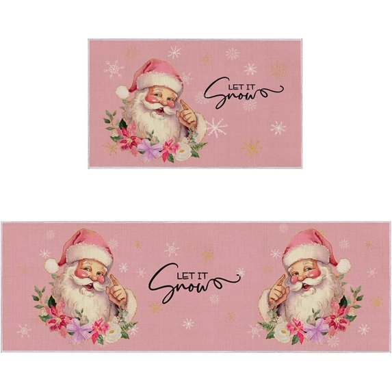 Merry Christmas Anti Fatigue Kitchen Mat Set of 2 Cushioned Kitchen Floor Mats Kitchen Rugs Non Slip Kitchen Runner Rug Santa Claus Flowers Snowflakes Pink (15.7"x23.6"+15.7"x47.2" inches)