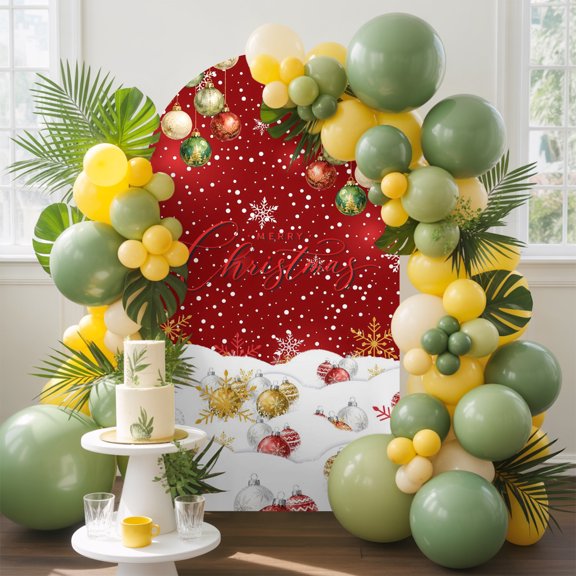 Merry Christmas Arch Backdrop Cover, 4FT, Rustic Metallic Baubles Glittering Snow Drifts Spandex Arch Covers Double-Sided Backdrop for Wedding Birthday Party Photo Background Decoration