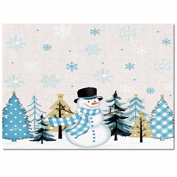 Merry Christmas Area Rug 4x6ft Christmas Snowman Snowflakes Tree Blue White Linen Non-Slip Washable Square Rugs Soft Felt Indoor Floor Mat for Bedroom Kitchen Living Room Bathroom