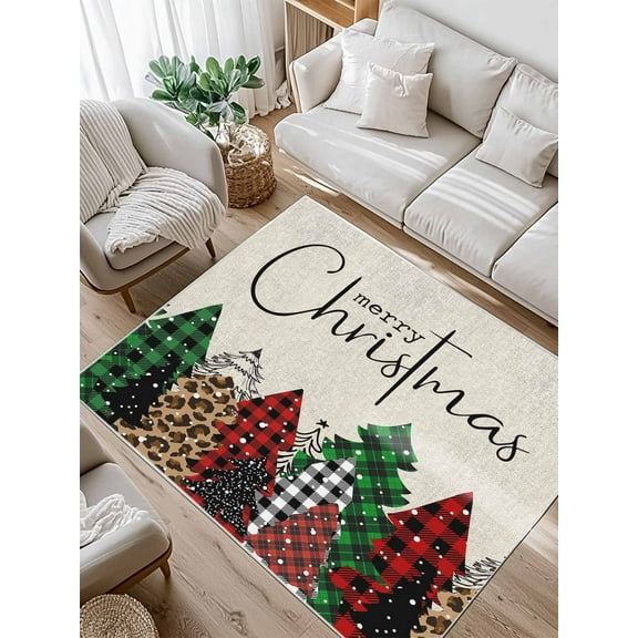 Merry Christmas Area Rug for Bedroom 4x6 Ft Green Red Plaid Buffalo Xmas Tree Beige Linen Super Soft fuzzy Throw Rug Non-Slip Fluffy Plush Indoor Floor Carpet for Living Room Nursery Home Decor