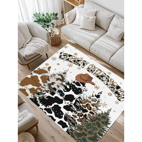 Merry Christmas Area Rug for Bedroom 4x6 Ft Xmas Tree Cowboy Hat Cow Leopard Snowflake Super Soft fuzzy Throw Rug Non-Slip Fluffy Plush Indoor Floor Carpet for Living Room Nursery Home Decor
