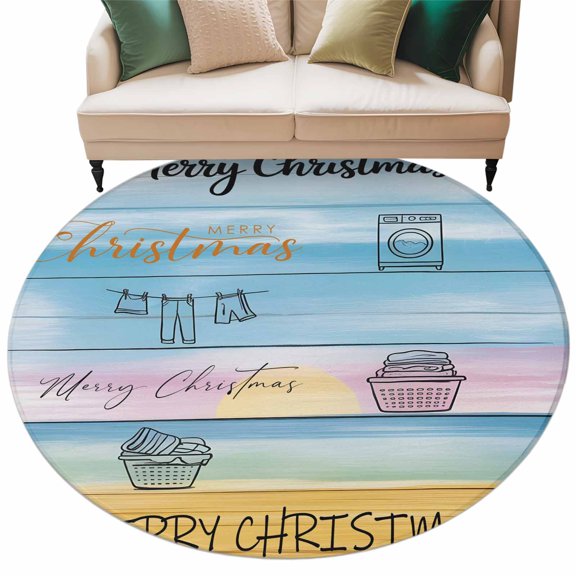 Merry Christmas Area Rug, Washing Machine Clothes Blue Yellow Woodcuts Washable Large Circle Carpet, Non Slip Round Rug for Living Room/Bedroom/Dining Room/Home Office/Dorm