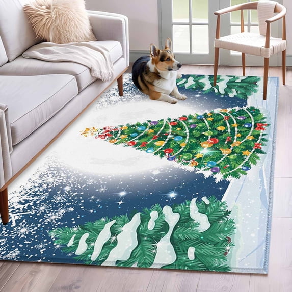 Merry Christmas Area Rugs 4'x6', Washable Small Throw Rugs for Office Bathroom, Xmas Pine Trees Snowflakes Moon Winter Blue Indoor Outdoor Rug Non-Slip Low Pile Carpet Runner Reversible Floor Mats