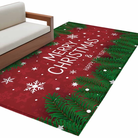 Merry Christmas Area&nbsp;Rug 3x5ft Happy New Year Evergreen Bough Snowflakes Non-Slip&nbsp;Washable Square&nbsp;Rugs Soft Felt Indoor Floor Mat for Bedroom Kitchen Living Room Bathroom