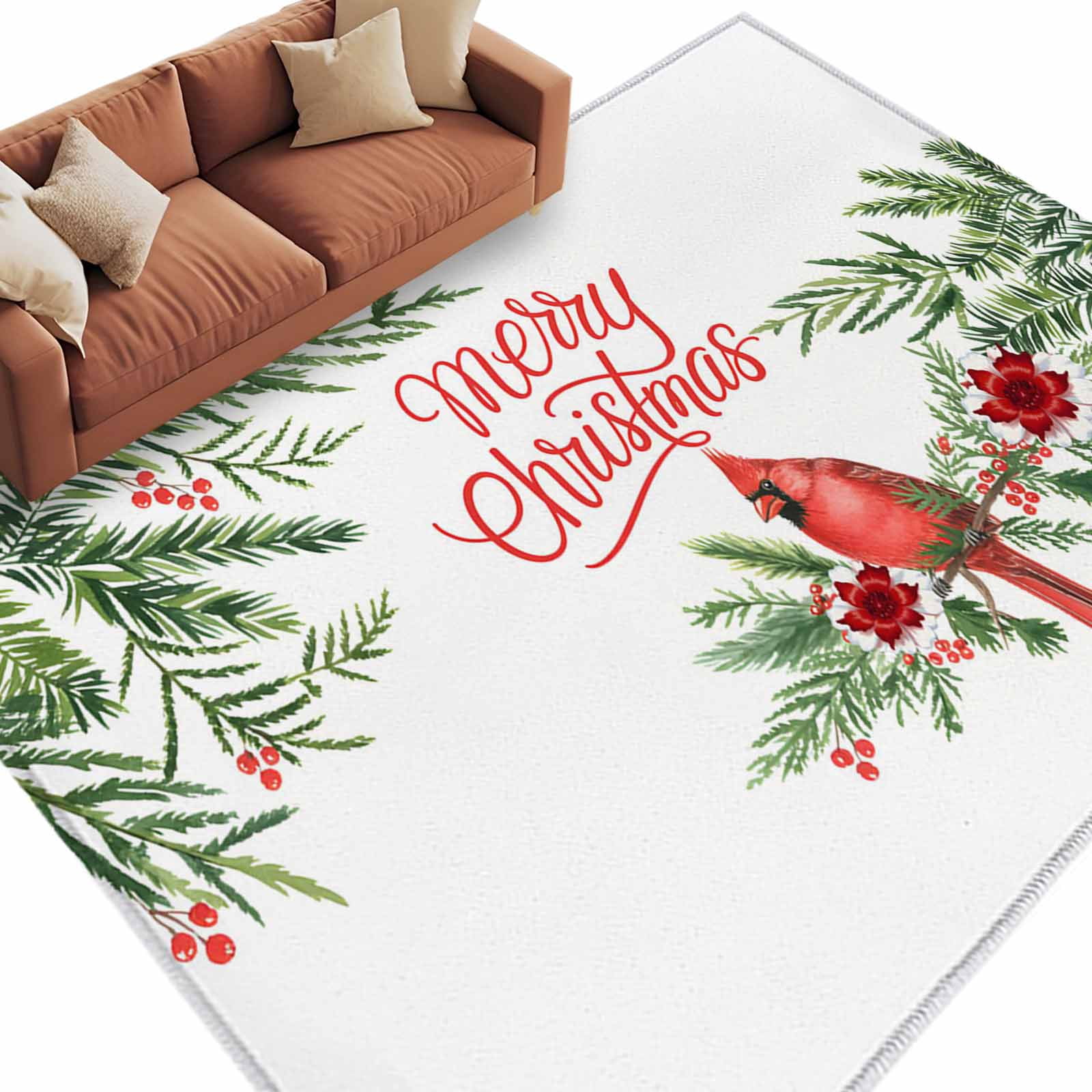 Merry Christmas Area Rug 5x7ft Green Pine Tree Cardinal Bird Flower Non ...