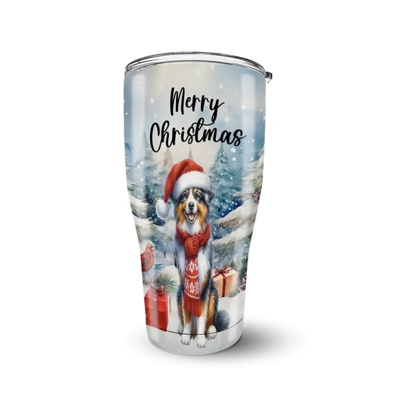 Merry Christmas Australian Shepherd Enjoys Woofmas Winter Xmas Holiday 30oz Stainless Steel Tumbler Insulated Cup with Lid Aussie Dog Lover Gifts - 02022