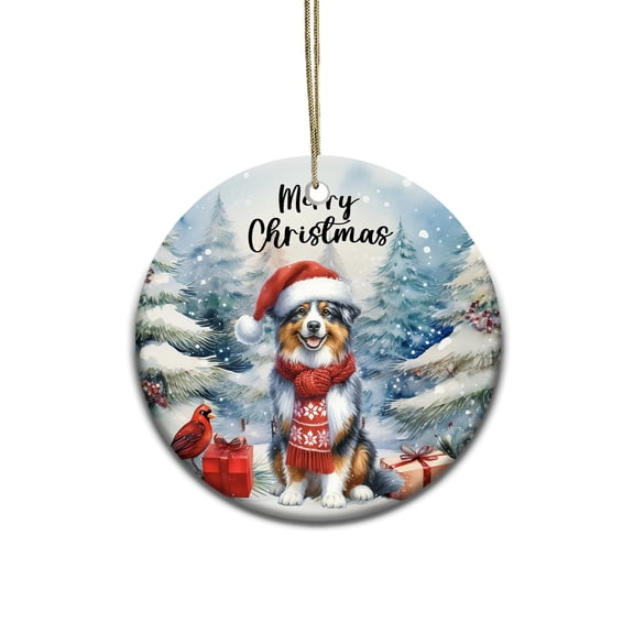 Merry Christmas Australian Shepherd Enjoys Woofmas Winter Xmas Holiday Ceramic Round Ornament Aussie Dog Lover Gifts Home Tree Decor - 02022