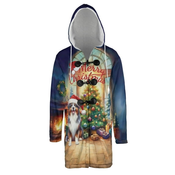 Merry Christmas Australian Shepherd Santa Hat Xmas Tree Winter Holiday All Over Print 3D Hooded Duffle Toggle Coat Aussie Dog Lover Gifts - 01013