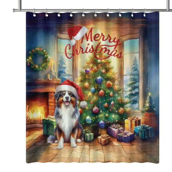 Merry Christmas Australian Shepherd Santa Hat Xmas Tree Winter Holiday Shower Curtain Aussie Dog Lover Gifts Waterproof Bathroom Bathtub Curtain - 01013