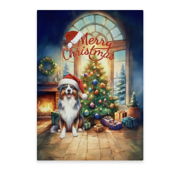 Merry Christmas Australian Shepherd Santa Hat Xmas Tree Winter Holiday Vertical Matte Canvas Poster Aussie Dog Lover Gifts Wall Art Home Decor - 01013