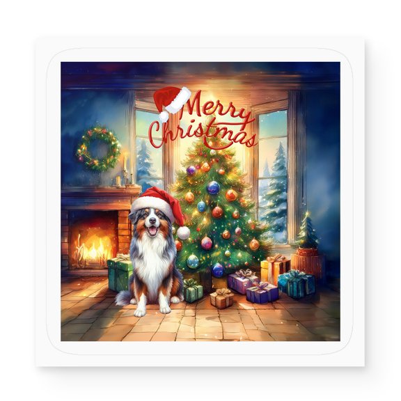 Merry Christmas Australian Shepherd Santa Hat Xmas Tree Winter Holiday Vinyl Sticker Aussie Dog Lover Gifts Waterproof Decal Art Decor - 01013