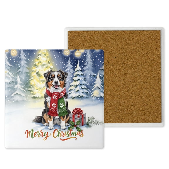 Merry Christmas Australian Shepherd Snowy Winter with Gifts Tree Decorations Set of 4 Stone Coasters Aussie Dog Lover Gifts 4x4in Absorbent Soapstone Coaster - 12020