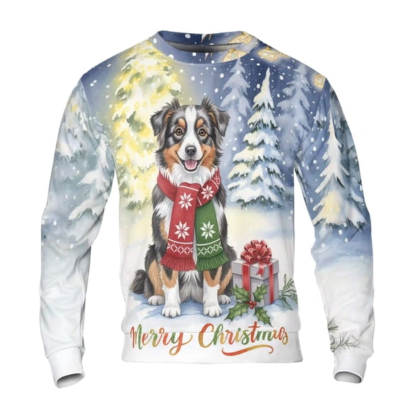 Merry Christmas Australian Shepherd Snowy Winter with Gifts Tree Decorations All Over Print 3D Sweatshirt Unisex Merch Aussie Dog Lover Gifts - 12020